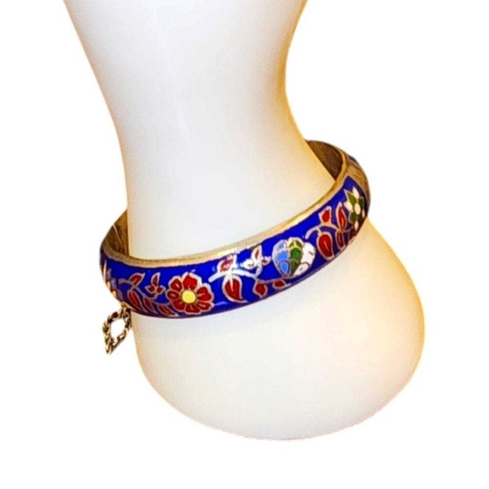 Vintage Cloisonné Blue Enamel Flower Hinged Bangle Bracelet